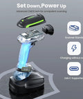 Rugged 2D QR Industrial Barcode Scanner With Wireless Charging Stand Tough As Nails IP65 Waterproof 3 In 1 Bluetooth USB Wireless Hands Free Reader For Laptop Desktop Tablet And Android shown with components.