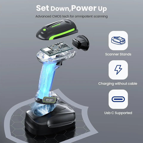 Rugged 2D QR Industrial Barcode Scanner With Wireless Charging Stand Tough As Nails IP65 Waterproof 3 In 1 Bluetooth USB Wireless Hands Free Reader For Laptop Desktop Tablet And Android shown with components.
