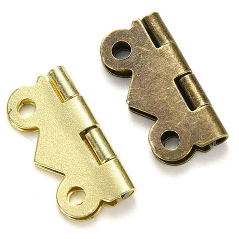 Close-up view of Mini Hinges 20x17mm for dollhouse wood boxes, tiny door and drawer hinge hardware for DIY repair and craft projects.