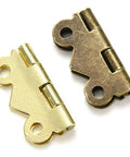 Close-up of two Tiny Hinges For Jewelry Boxes And Dollhouse Doors, 180 Degree European Style Small Cabinet Drawer Hinges, 10 Pack, 20x17mm.
