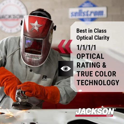 Welder using Ultra Lightweight Auto Darkening Welding Hood With Premium Graphic Design Weighing 1.24 Lbs during grinding work.