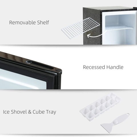 Slick 1.1 Cu Ft Compact Mini Upright Freezer With Removable Shelves And A Reversible Door showing removable shelf, recessed handle, ice shovel, and cube tray.