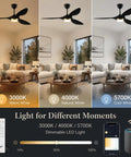 52 Inch Black Modern Ceiling Fan With Lights And Remote, Smart WiFi Enabled, showing light color options in living room setting