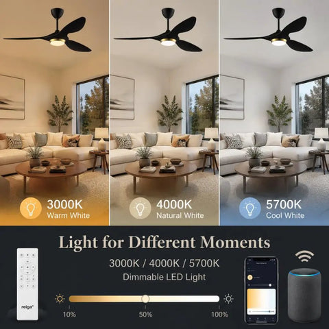 52 Inch Black Modern Ceiling Fan With Lights And Remote, Smart WiFi Enabled, showing light color options in living room setting