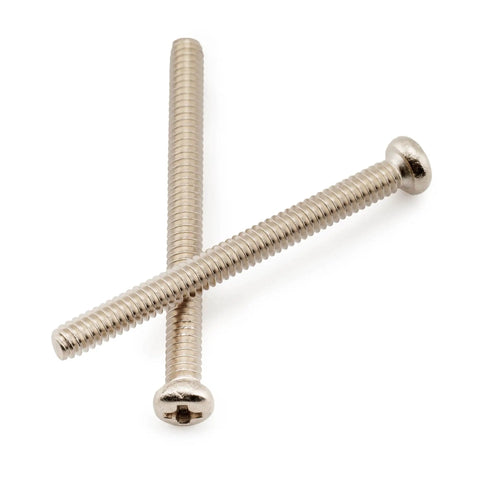 Heavy Duty Stainless Steel Humbucker Pickup Screws With Nickel Finish Twenty Pack showing two screws with pan head design.