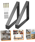 Hefty Corner Brace Shelf Brackets 2 Pack Beefy Triangle Wall Mounts For Floating Shelves, black steel supports with installation hardware.