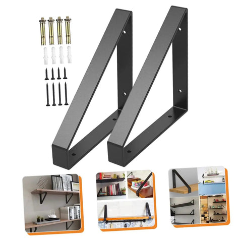 Hefty Corner Brace Shelf Brackets 2 Pack Beefy Triangle Wall Mounts For Floating Shelves, black steel supports with installation hardware.