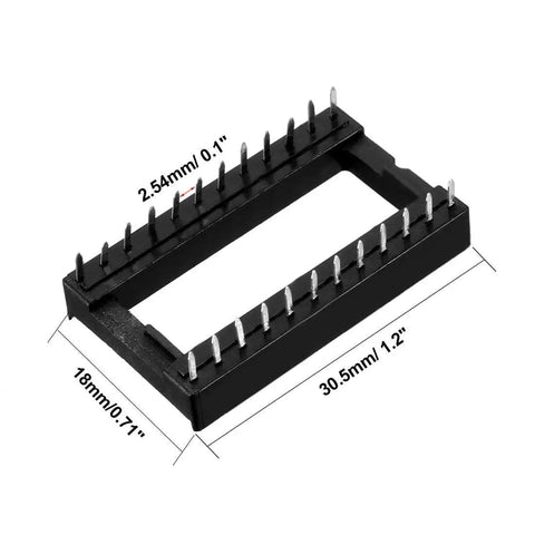 DIP IC Socket Adaptor 24 Pin Dual Row 2.54mm Pitch Socket With 15.24mm Row Spacing Soldering Friendly Black Plastic Silver Tone Pins Budget Friendly 25 Pack Great For Prototyping Circuit Testing And DIY Electronics Projects showing dimensions