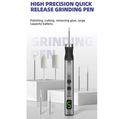 Premium Mini Cordless Rotary Grinder With Five Speed Settings For Cell Phone And PCB Repair Type C Quick Charge Craft Tool Kit showing a high precision quick release grinding pen.