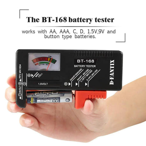 Hand holding Compact Universal Battery Tester BT 168 checking an AA battery, displays gauge for easy status check.