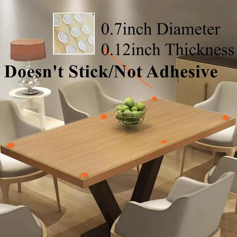 Dining room with wooden table showing Clear Glass Table Top Anti Slip Bumper Pads 3mm Thick Non Adhesive Rubber Spacers Dots