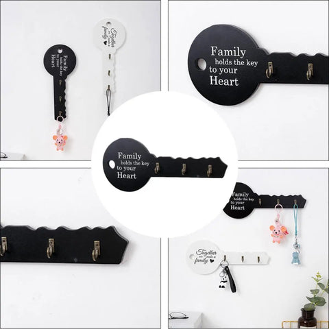Old School Key Shaped Wall Mounted Coat Hooks Rack In Durable Black Oak Wood For Entryways And Closets Decorative Hanging Organizer That Brings Cool Retro Style And Keeps Your Gear Locked Down Tight No Tools Needed shown from multiple angles with keychains attached.