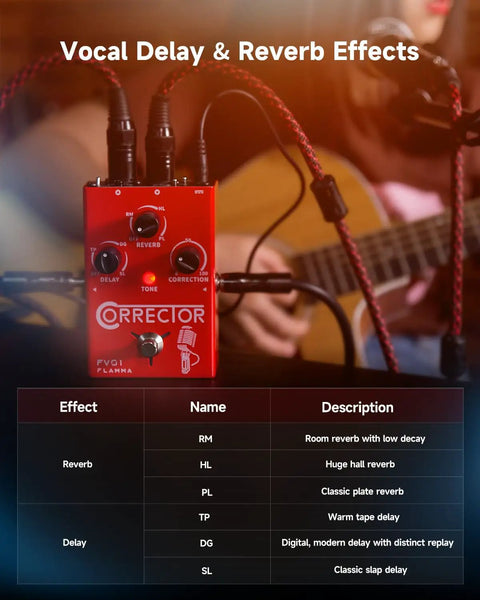 FV01 Vocal Effects Processor with Pitch Correction and Delay Reverb, Pro Stompbox Voice Pedal on stage next to guitar.