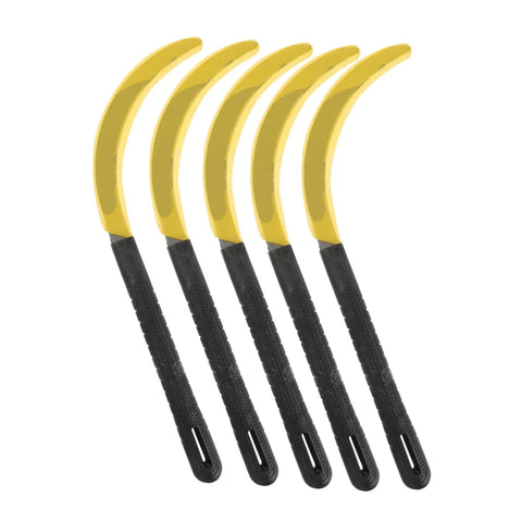 5 Piece Black Gardening Mowing Sickles Set With Ergonomic Non Slip Handles For Easy Weeding And Harvesting Garden Work Durable Steel Blades Built For Agriculture And Landscaping Like A Real Workhorse, angled view