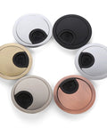 Premium Zinc Alloy Desk Grommet Kit With Rotatable Flip Top And Removable Center For 50 To 80 Mm Holes In Sleek Brushed Or Shiny Colors, Totally Rad For Managing Cables And Polishing Your Workspace Stylishly., six cable desk grommets in brushed silver, black, gold, and rose finish