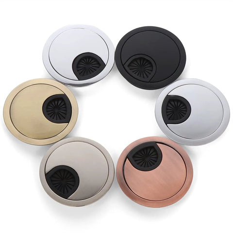 Premium Zinc Alloy Desk Grommet Kit With Rotatable Flip Top And Removable Center For 50 To 80 Mm Holes In Sleek Brushed Or Shiny Colors, Totally Rad For Managing Cables And Polishing Your Workspace Stylishly., six cable desk grommets in brushed silver, black, gold, and rose finish