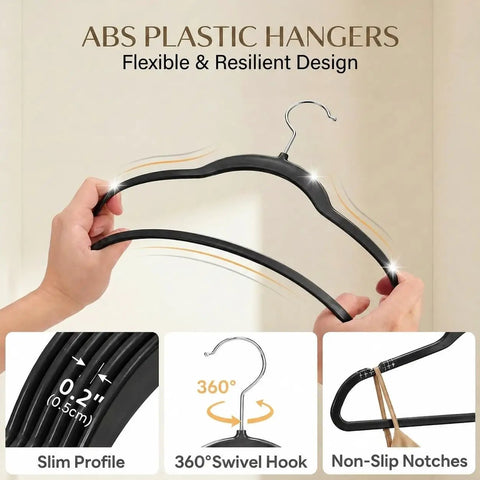 Hand holding Plastic Hangers 50 Pack Heavy Duty Non Velvet Slim Hangers With 360 Degree Swivel Hook Space Saving Coat Hangers