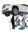 Shop Beast Commercial Scissors Lift, 9000 Lb Auto Garage Hoist in use, lifting a vehicle 78 inches high.