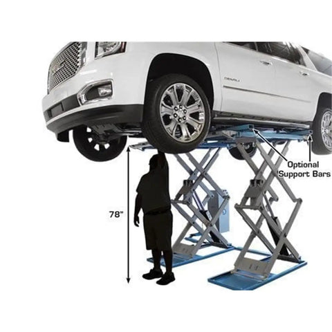 Shop Beast Commercial Scissors Lift, 9000 Lb Auto Garage Hoist in use, lifting a vehicle 78 inches high.