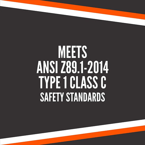 Text saying 'Meets ANSI Z89.1-2014 Type 1 Class C Safety Standards' on black background with orange and white stripes.