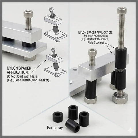 Diagram of applications for 125 Piece Black Nylon Round Spacers Set For Screws And Hardware Non Threaded M6 Standoffs with examples