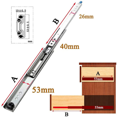 Heavy Duty Locking Drawer Slide Rails For Serious Storage With Full Extension And Smooth Operator Glide Featuring Dual Row Ball Bearings, dimensions shown