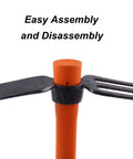 Dual Head Garden Rake Hoe With Heavy Duty Forged Adze And Ergonomic Non Slip Handle close-up showing easy assembly