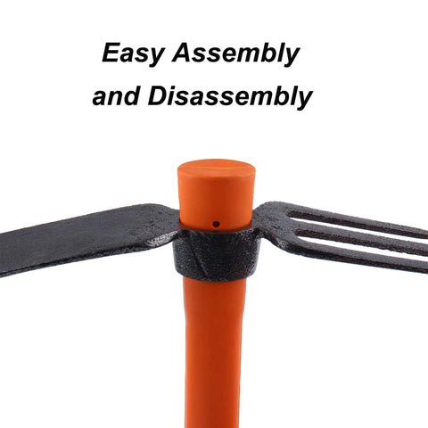 Dual Head Garden Rake Hoe With Heavy Duty Forged Adze And Ergonomic Non Slip Handle close-up showing easy assembly