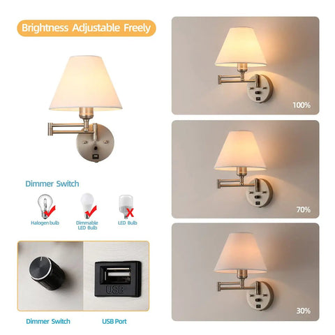 Swing Arm Wall Lamp With Plug In Design Dimmable Light USB Charging Port White Fabric Shade Nickel Finish Ideal For Bedside