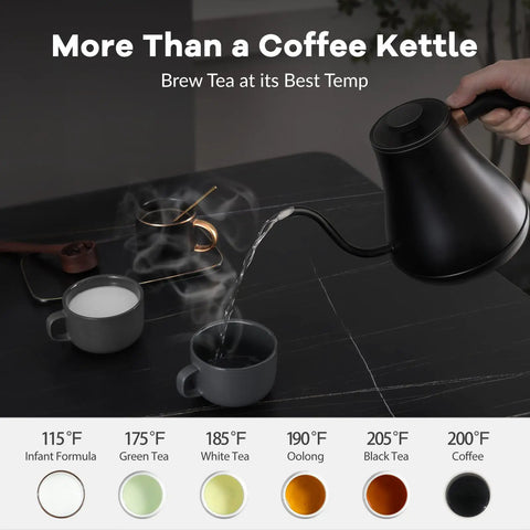 Gooseneck Electric Kettle With One Degree Fahrenheit Precision Temperature Control 100 To 212 F 1200W Fast Heat Up 0.8L Auto Shut Off in use pouring water into a cup with temperature settings displayed.