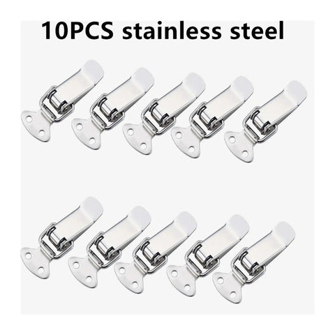 10 stainless steel spring loaded toggle latches shown, for securing boxes, crates, and storage cases with quick open lever and snap closure.