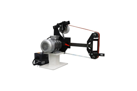 Badass Industrial Variable Speed 71 Inch Belt Grinder With 3 Grinding Wheels And Heavy Duty Base For Pro Knife Makers 220 Volt 2200W Smooth Running Workhorse, featuring strong motor, belt, and frame.