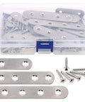 Rugged Heavy Duty Stainless Steel Flat Brackets 2 Inch 3 Inch 4 Inch With Screws Solid Woodworking Plates in a clear storage box.