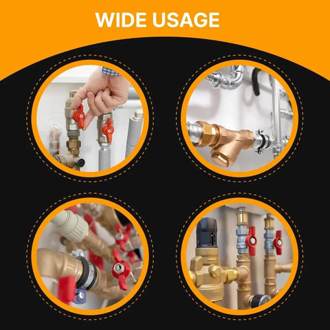 Brass 3/4 in male to 1 in female NPT reducer adapter with red valve handles; four-view plumbing fittings collage