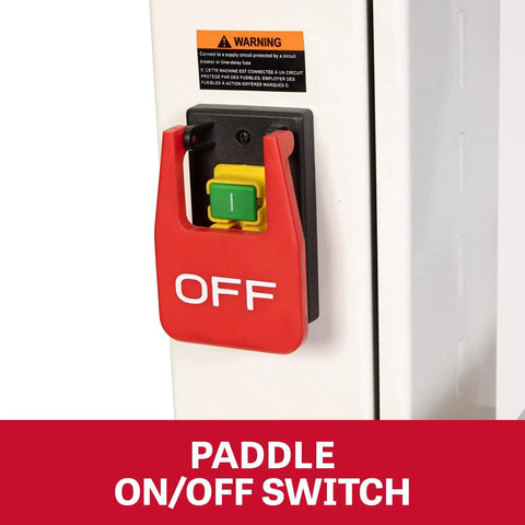 Paddle on/off switch on 18-Inch Woodworking Band Saw Pro Grade 3 HP 230V 1PH With 16-Inch Resaw Capacity, foot brake safety feature.
