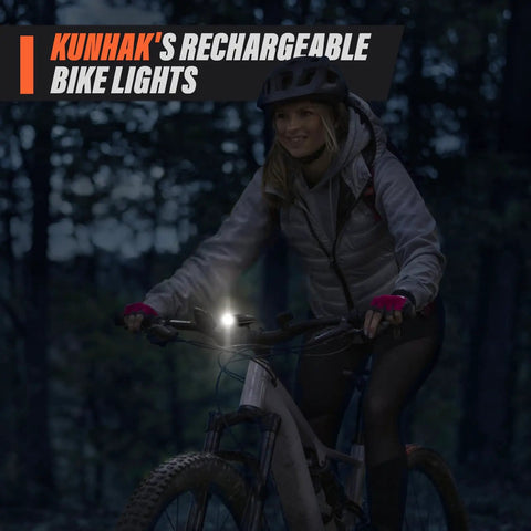 Cyclist using Rechargeable Bike Lights Bundle With Headlight And Taillight, Ultra Bright 250LM for night riding on a trail.