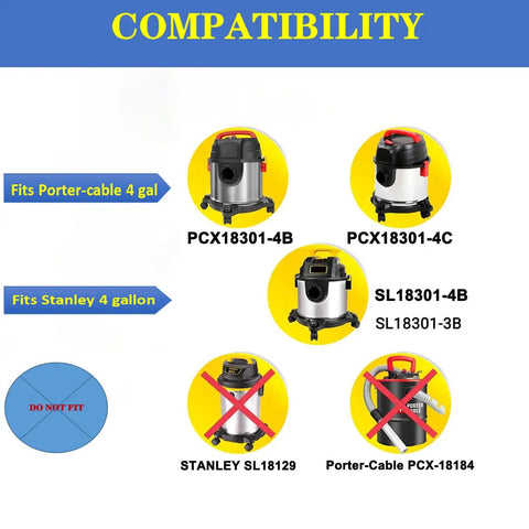 Compatibility chart for Six Pack Vacuum Bags For 4 To 5 Gallon Shop Vacs Replacement Bags AT25 1238 showing compatible models.