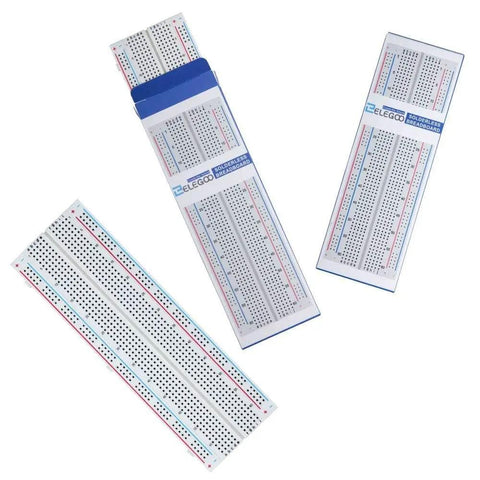 Three Piece Breadboard Kit With 830 Point Solderless No Soldering Needed Prototype PCB Boards for Arduino, laid out on a surface.