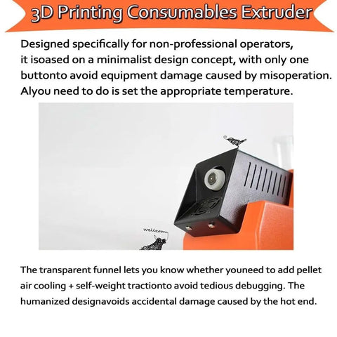 Built Tough Commercial 3D Printer Filament Extruder With Adjustable Speed And Dual Extrusion Dies showing transparent funnel and design.