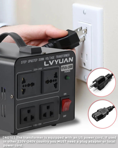 1500W Voltage Transformer Step Up Down Converter 110V-120V To 220V-240V with dual outlets shown plugged in