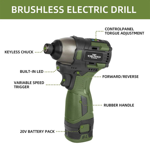 Close-up of a 17V Brushless Cordless Screwdriver Drill Set With 140Nm Impact Driver And 55Nm Drill, displaying keyless chuck and LED light