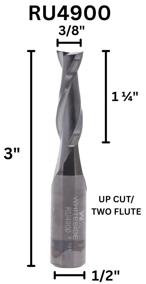 Upcut Solid Carbide Router Bit Standard Spiral Three Eighths Inch Diameter One Half Inch Shank One And One Quarter Inch Cutting