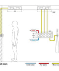 Schematic diagram of Badass Gold Thermostatic Shower System With Dope 40X40CM LED Ceiling Mount Rainfall and Waterfall Head, showing installation dimensions.