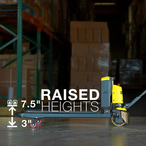 Heavy Duty 3300 Lbs Full Electric Pallet Jack With 7.5 Inch Lift Height And Thick 45 By 27 Inch Forks, raised for loading.