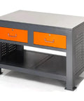 Heavy Hitting Steel Top Workbench Built Like a Tank With an 8mm Impact Resistant Plate, gray with orange drawers.
