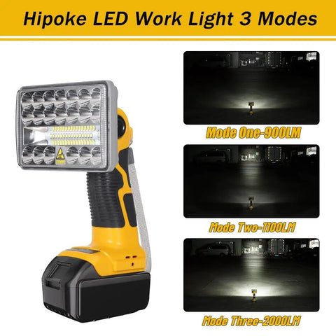 Ultra Bright 2000 Lumen 18W LED Work Light For Dewalt 20V Max Batteries with mode settings and pivoting head