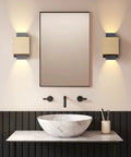 Bathroom with gold and black LED outdoor wall light fixture for porch, patio, garage and hallways, waterproof exterior sconce with modern wall mount, indoor and outdoor use, warm white glow.