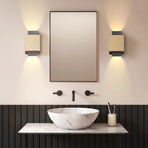 Bathroom with gold and black LED outdoor wall light fixture for porch, patio, garage and hallways, waterproof exterior sconce with modern wall mount, indoor and outdoor use, warm white glow.
