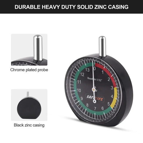 Tire Tread Depth Gauge Dial Type For Motorcycle, Car, Truck And Bus, Easy Reading Tire Gauge In 32nds With Traffic Light Color Zones And 32nd Inch Increments For Quick Pro Grade, Accurate Readings, chrome probe, black zinc casing