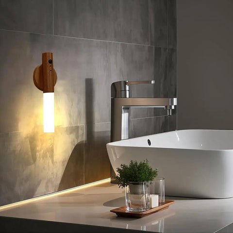 Wooden Motion Sensor Night Lights With Magnetic Body Sensor Dual Mode LED Light installed above bathroom sink